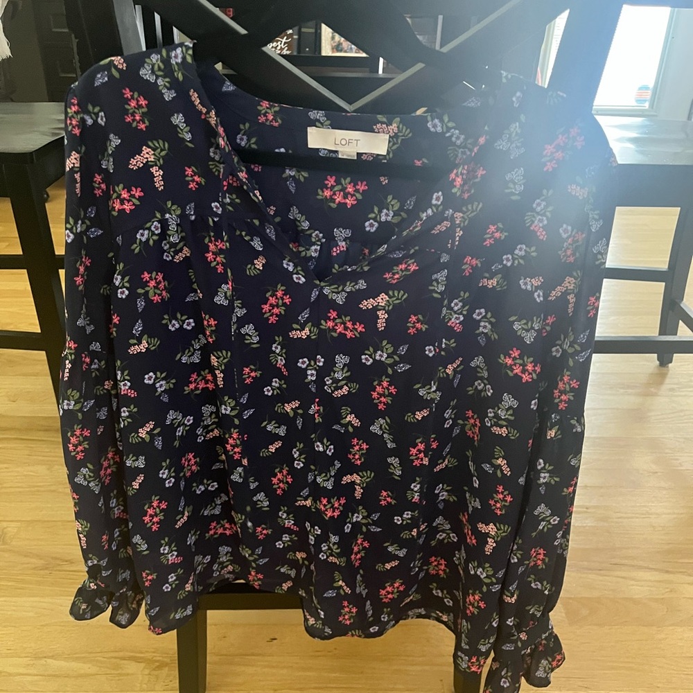 LOFT Navy Blouse with Floral Accents